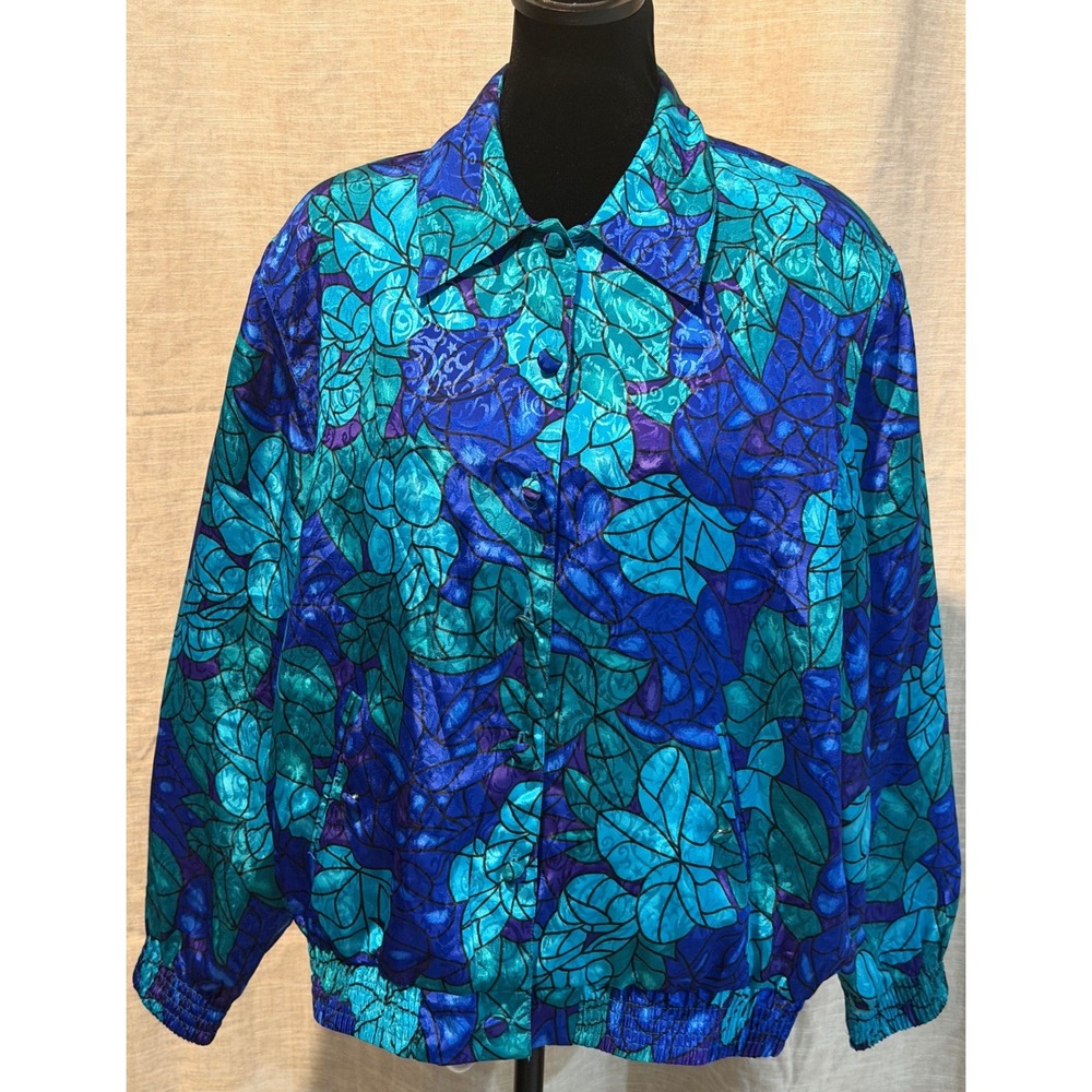 TanJay Petite Vintage Blue Floral Stained Glass Bomber Jacket Womens Medium M
